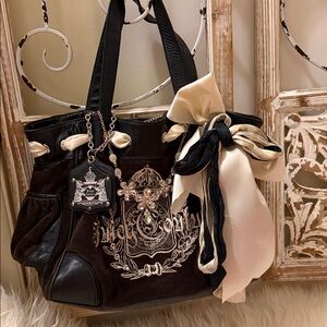Vintage Authentic Juicy Couture Brown Velvet Tote with Black Trim & Cream Crest